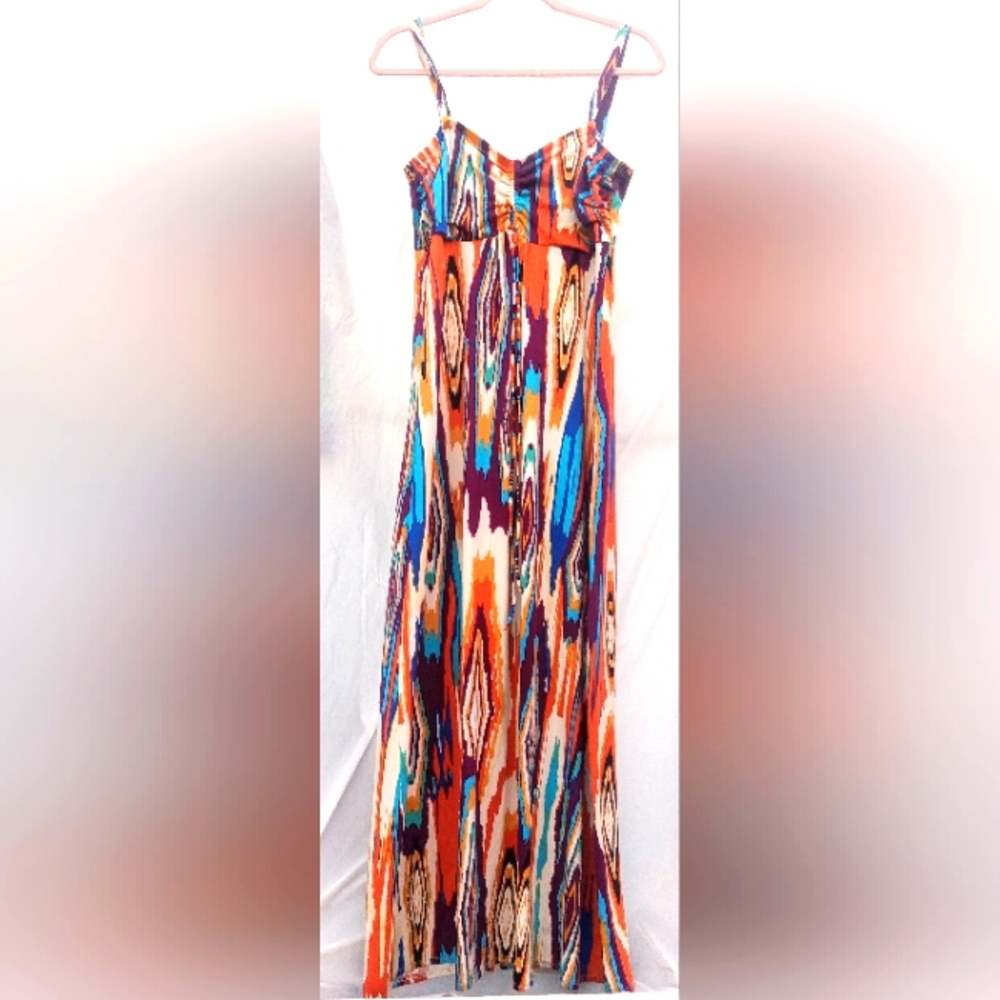60's Vintage Style Long Maxi Dress Abract of Colors Spaghetti Straps Sz.XL